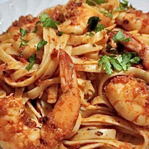 shrimp fra diavolo over linguine pasta